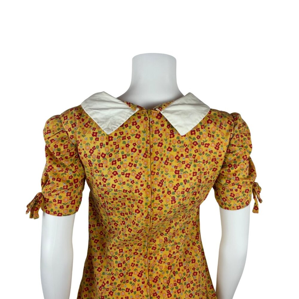 Vintage 60s Mod Mini Dress Womens Small Yellow Floral Peter Pan Collar Handmade - Picture 9 of 11